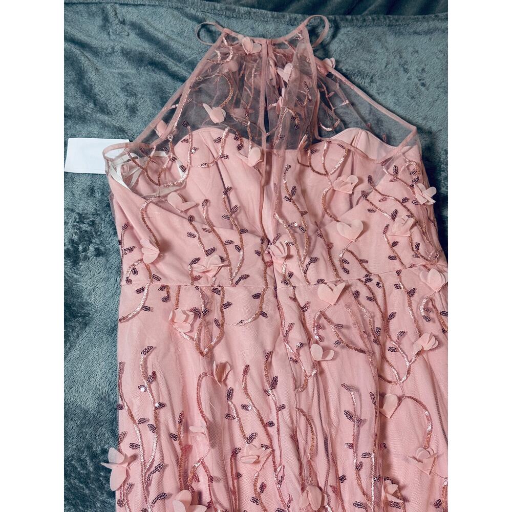 NWT Dessy SHEER HALTER NECK 3D FLORAL EMBROIDERED DRESS HIGH-LOW HEM Pink SZ 12 - Picture 11 of 12